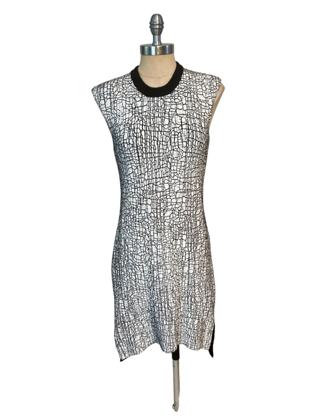 Balenciaga Runway Cracked Black White Dress Wool Cashmere 42 US M 8 10